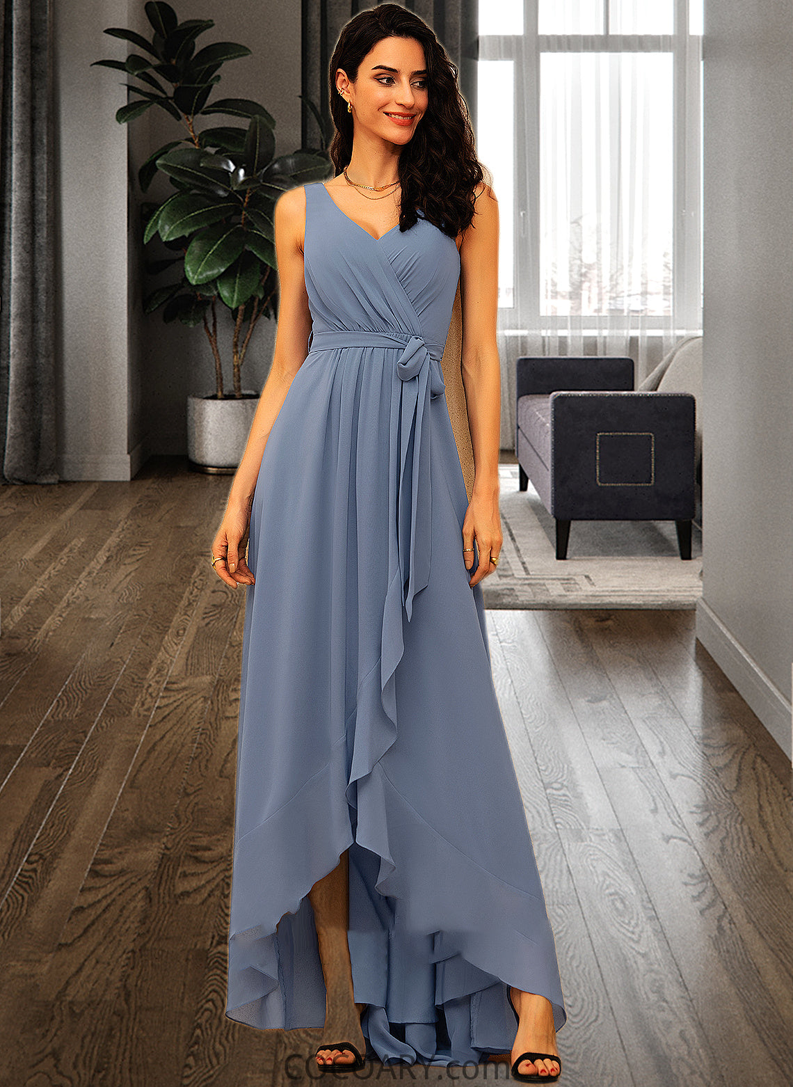 Gertrude A-LineV-neckAsymmetricalChiffonBridesmaidDressWithRuffleBow(s)#251387 DA8P0013061