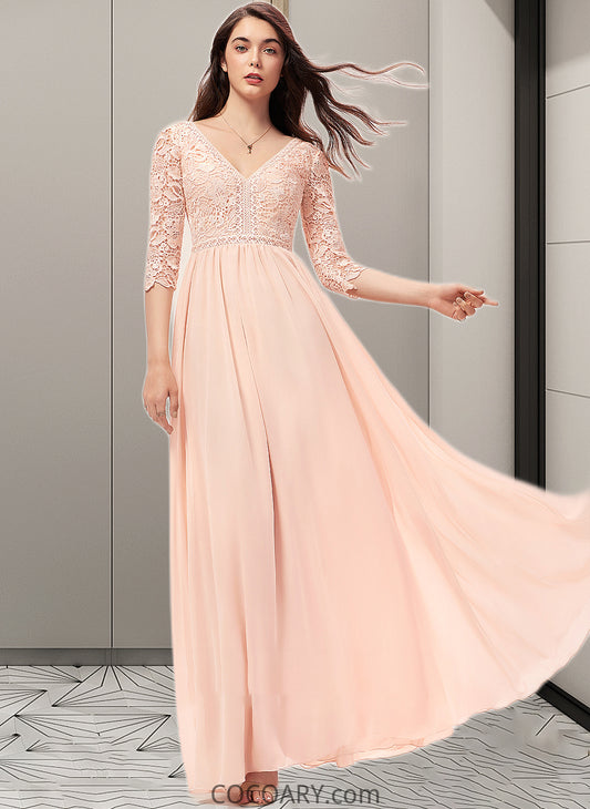 Karly A-line V-Neck Floor-Length Chiffon Lace Bridesmaid Dress DA8P0013062