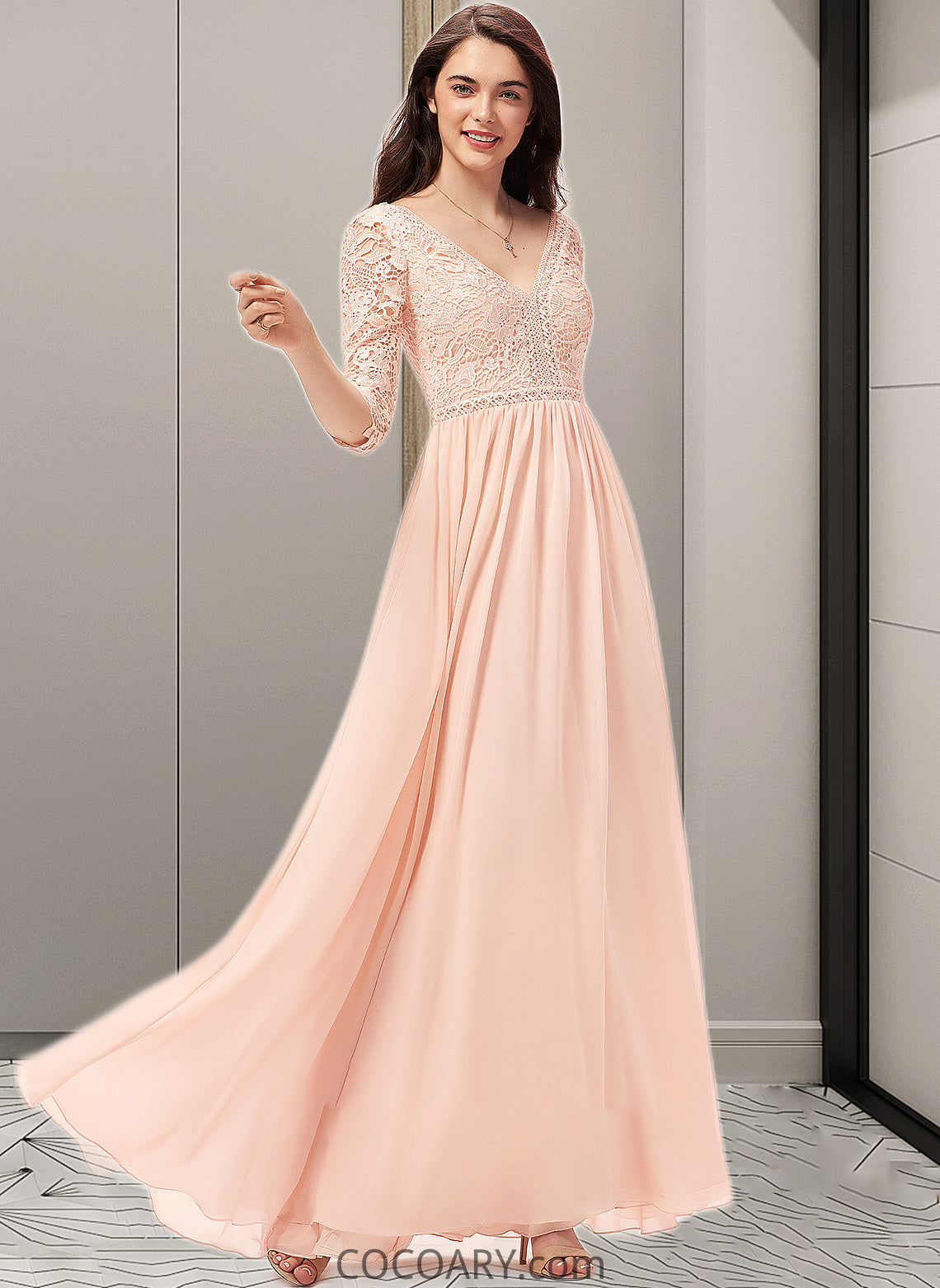 Karly A-line V-Neck Floor-Length Chiffon Lace Bridesmaid Dress DA8P0013062