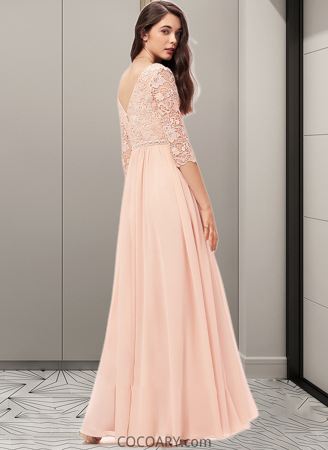 Karly A-line V-Neck Floor-Length Chiffon Lace Bridesmaid Dress DA8P0013062