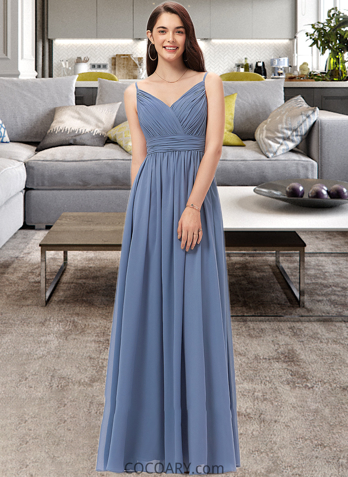 Caitlyn A-line V-Neck Floor-Length Chiffon Bridesmaid Dress DA8P0013063