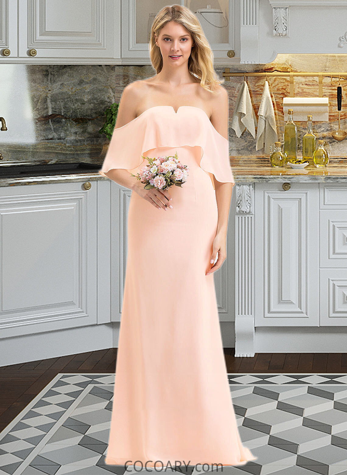 Deborah Trumpet/Mermaid Off the Shoulder Sweep Train Chiffon Bridesmaid Dress DA8P0013064