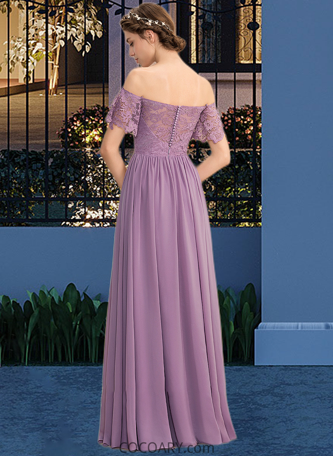 Lauryn A-Line Off-the-Shoulder Floor-Length Chiffon Lace Bridesmaid Dress With Split Front DA8P0013066