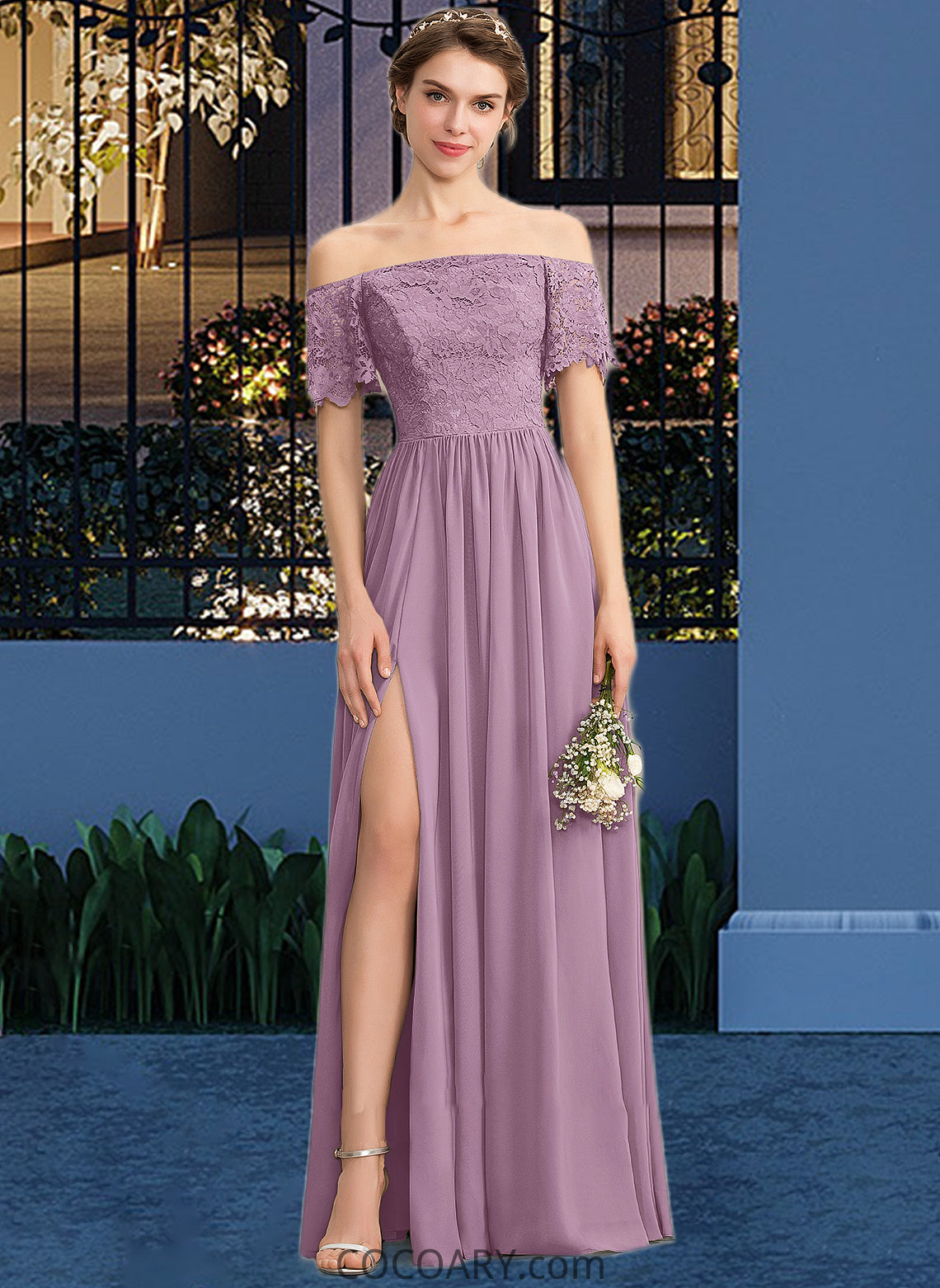 Lauryn A-Line Off-the-Shoulder Floor-Length Chiffon Lace Bridesmaid Dress With Split Front DA8P0013066