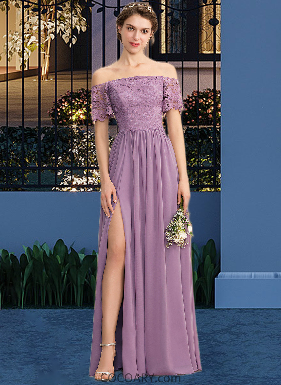 Lauryn A-Line Off-the-Shoulder Floor-Length Chiffon Lace Bridesmaid Dress With Split Front DA8P0013066