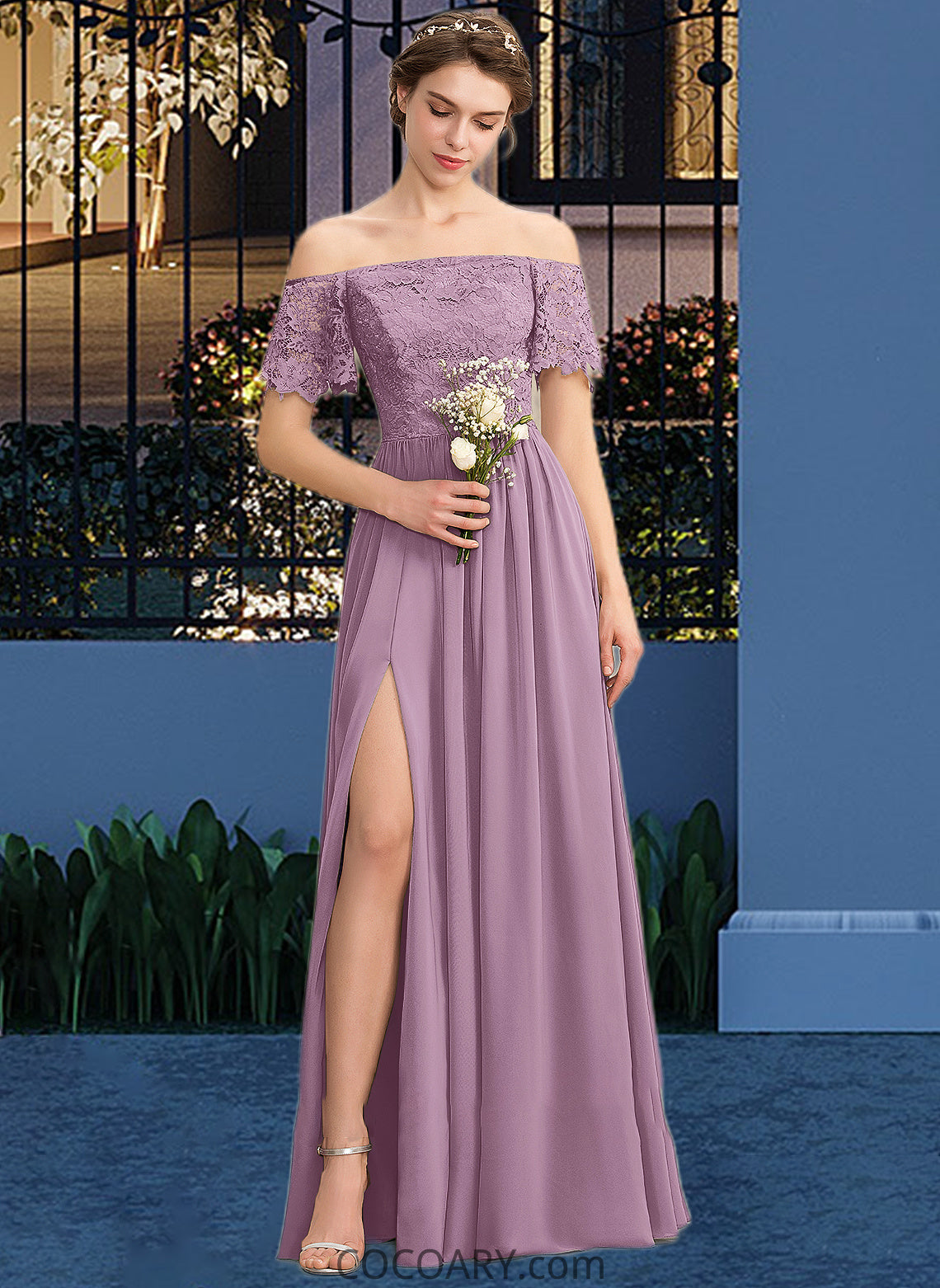 Lauryn A-Line Off-the-Shoulder Floor-Length Chiffon Lace Bridesmaid Dress With Split Front DA8P0013066