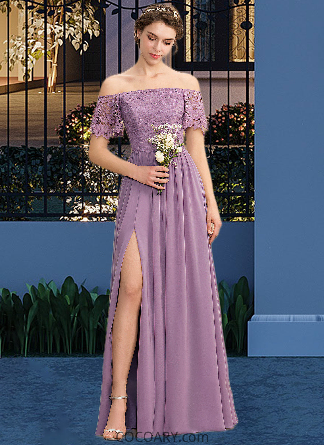 Lauryn A-Line Off-the-Shoulder Floor-Length Chiffon Lace Bridesmaid Dress With Split Front DA8P0013066