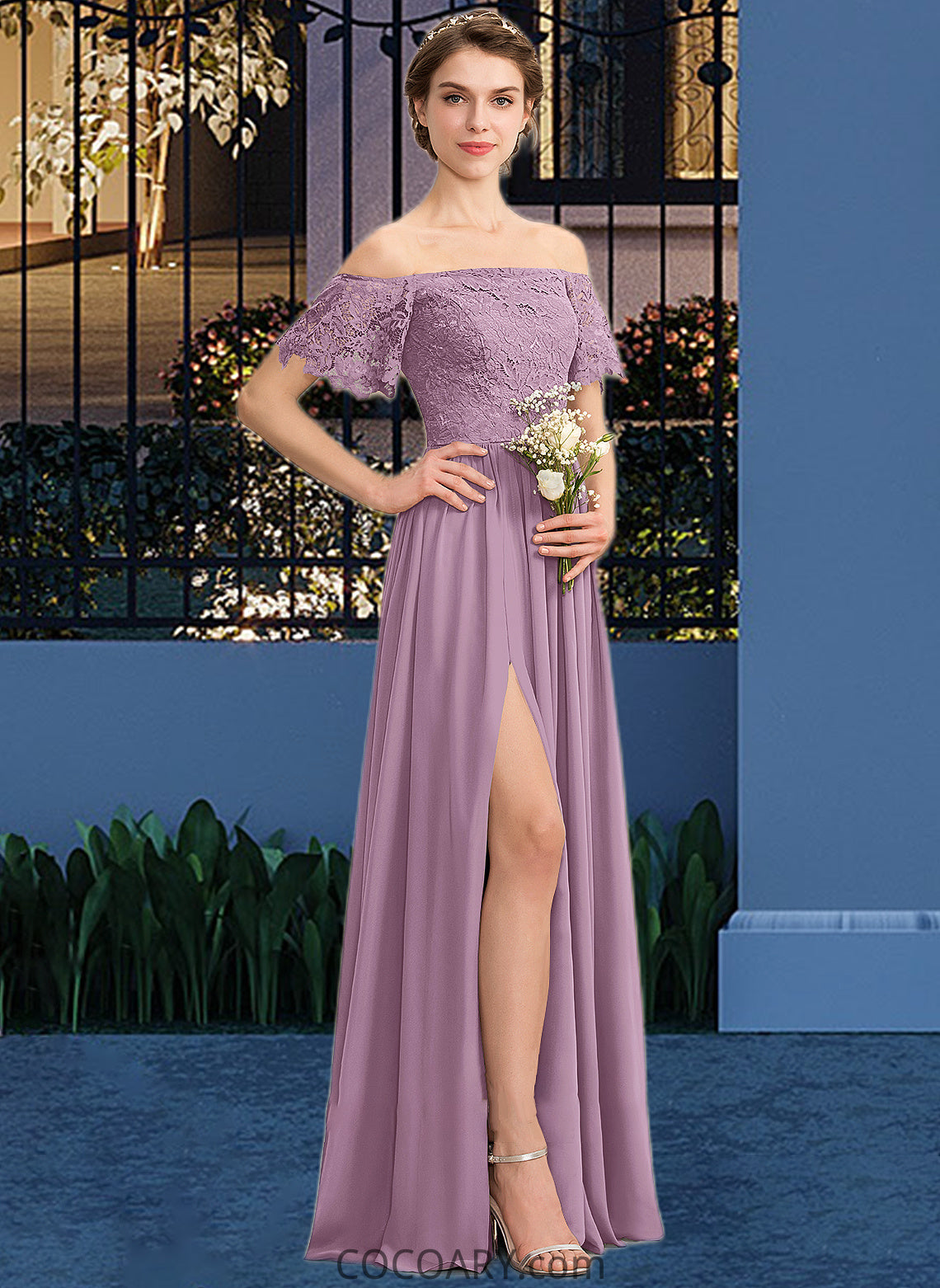 Lauryn A-Line Off-the-Shoulder Floor-Length Chiffon Lace Bridesmaid Dress With Split Front DA8P0013066