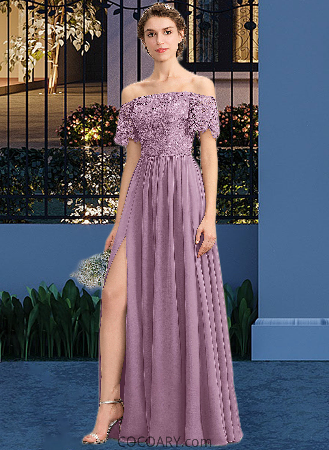 Lauryn A-Line Off-the-Shoulder Floor-Length Chiffon Lace Bridesmaid Dress With Split Front DA8P0013066