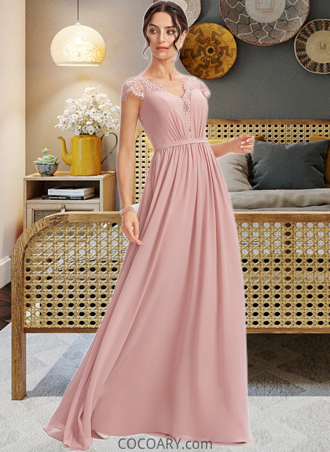 Brooke A-Line V-neck Floor-Length Bridesmaid Dress With Lace DA8P0013071