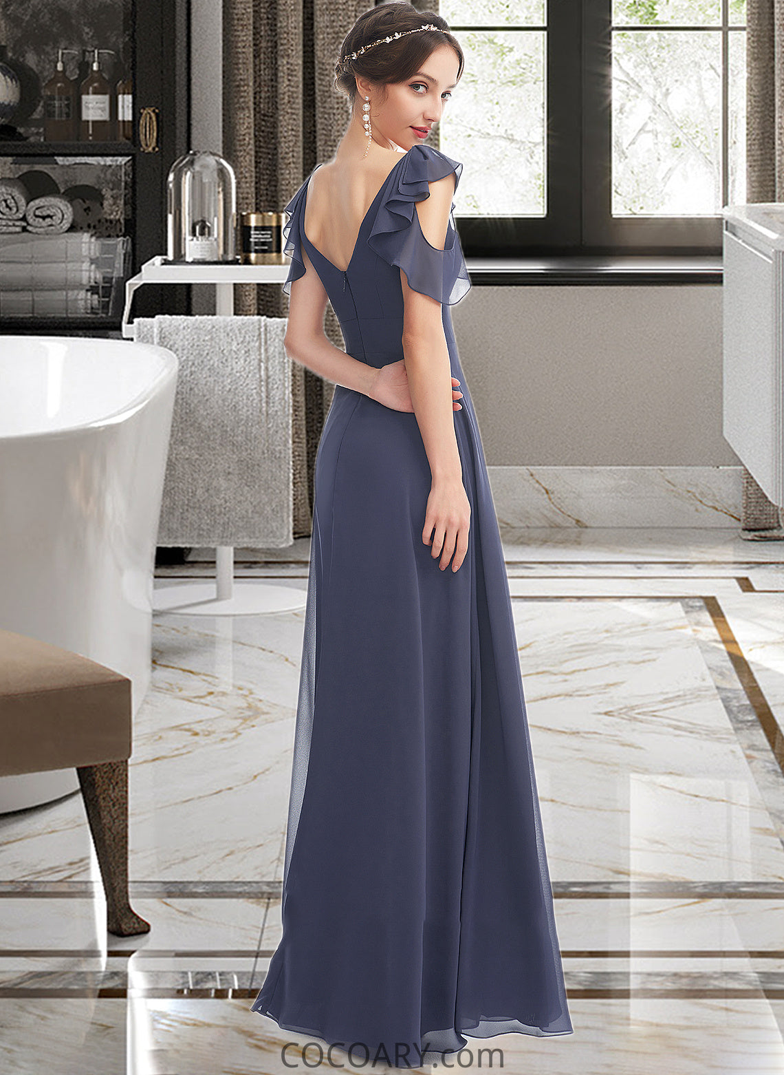 Nola A-Line V-neck Floor-Length Bridesmaid Dress With Ruffle DA8P0013074