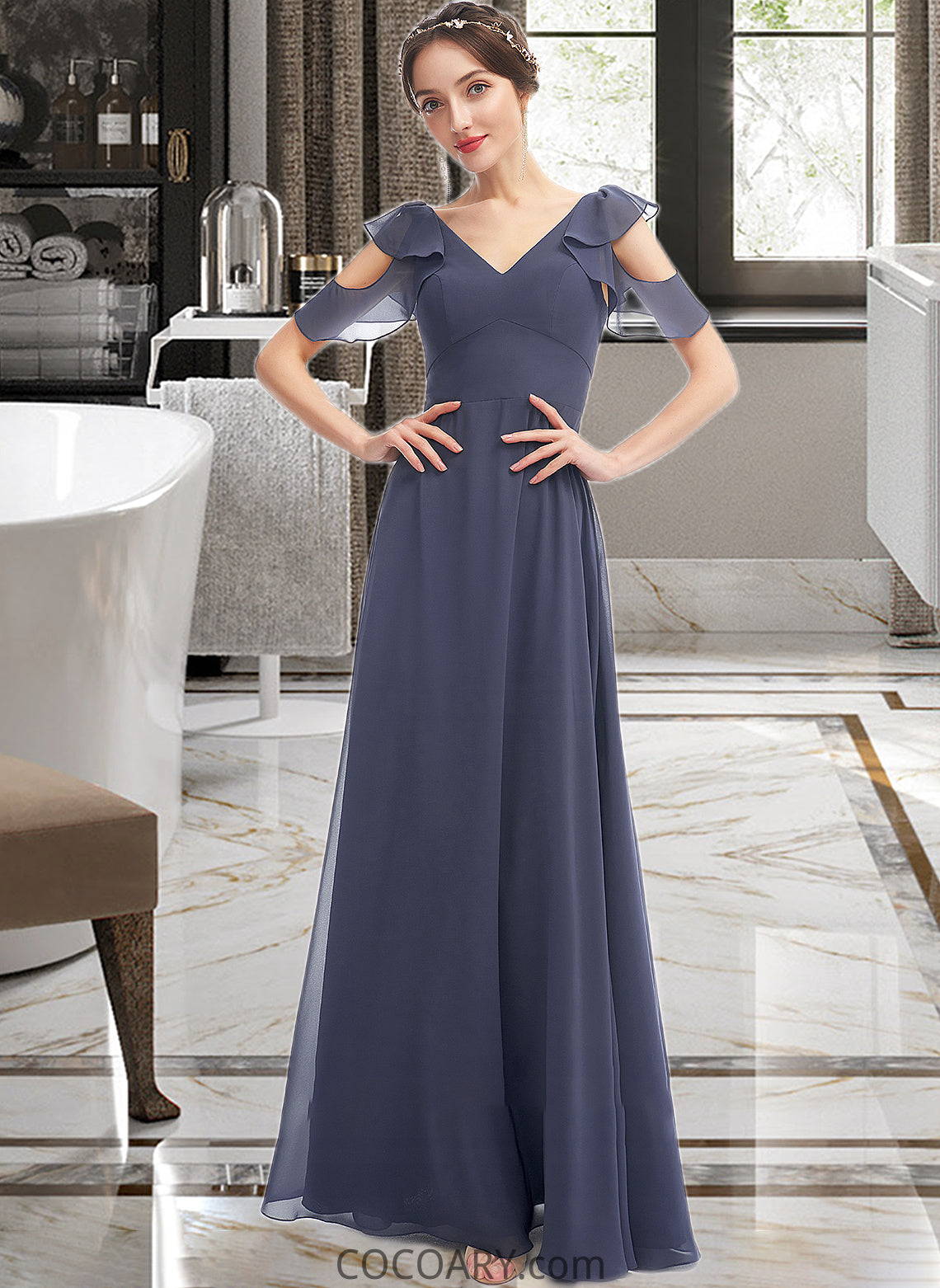 Nola A-Line V-neck Floor-Length Bridesmaid Dress With Ruffle DA8P0013074