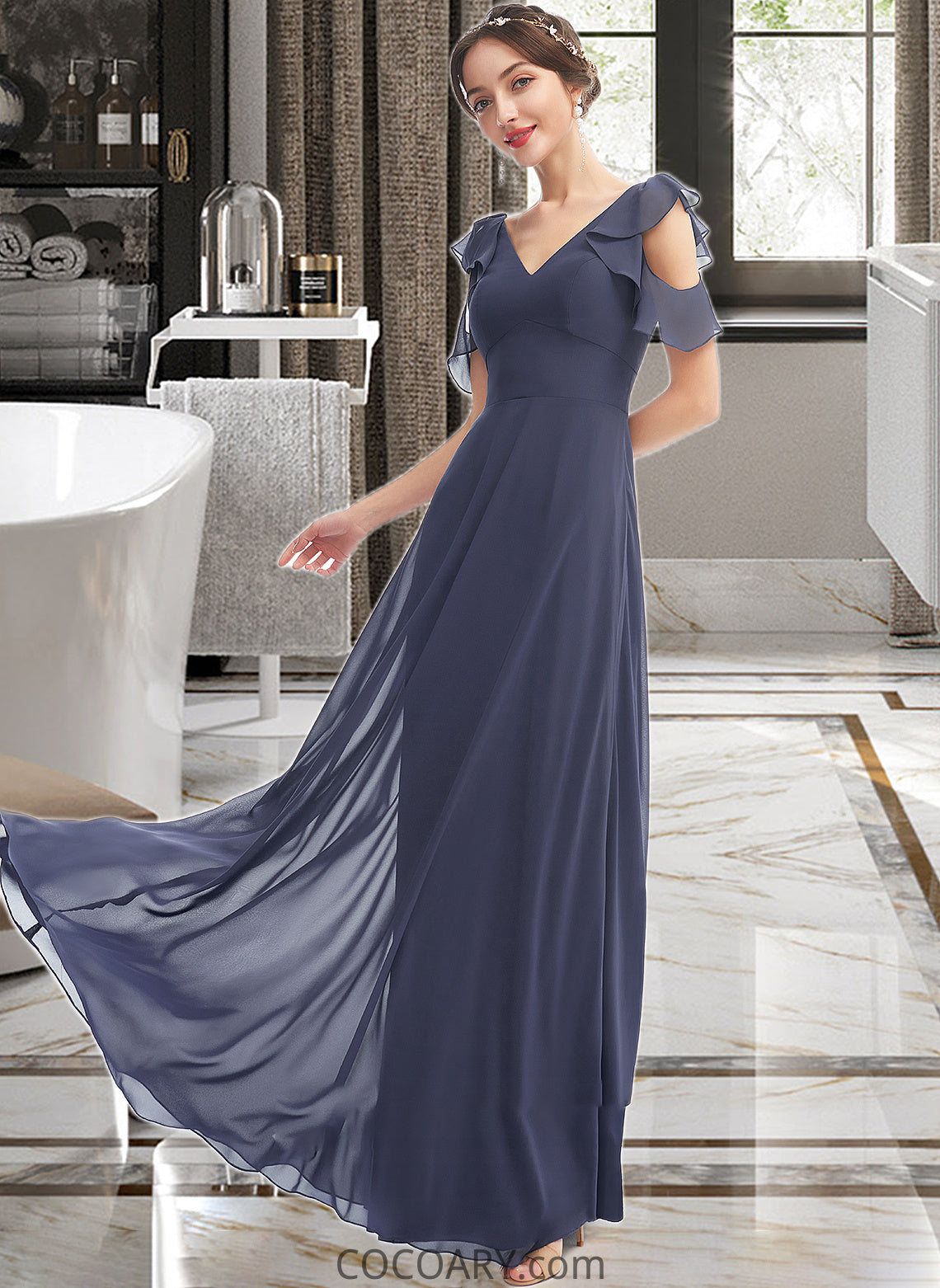 Nola A-Line V-neck Floor-Length Bridesmaid Dress With Ruffle DA8P0013074