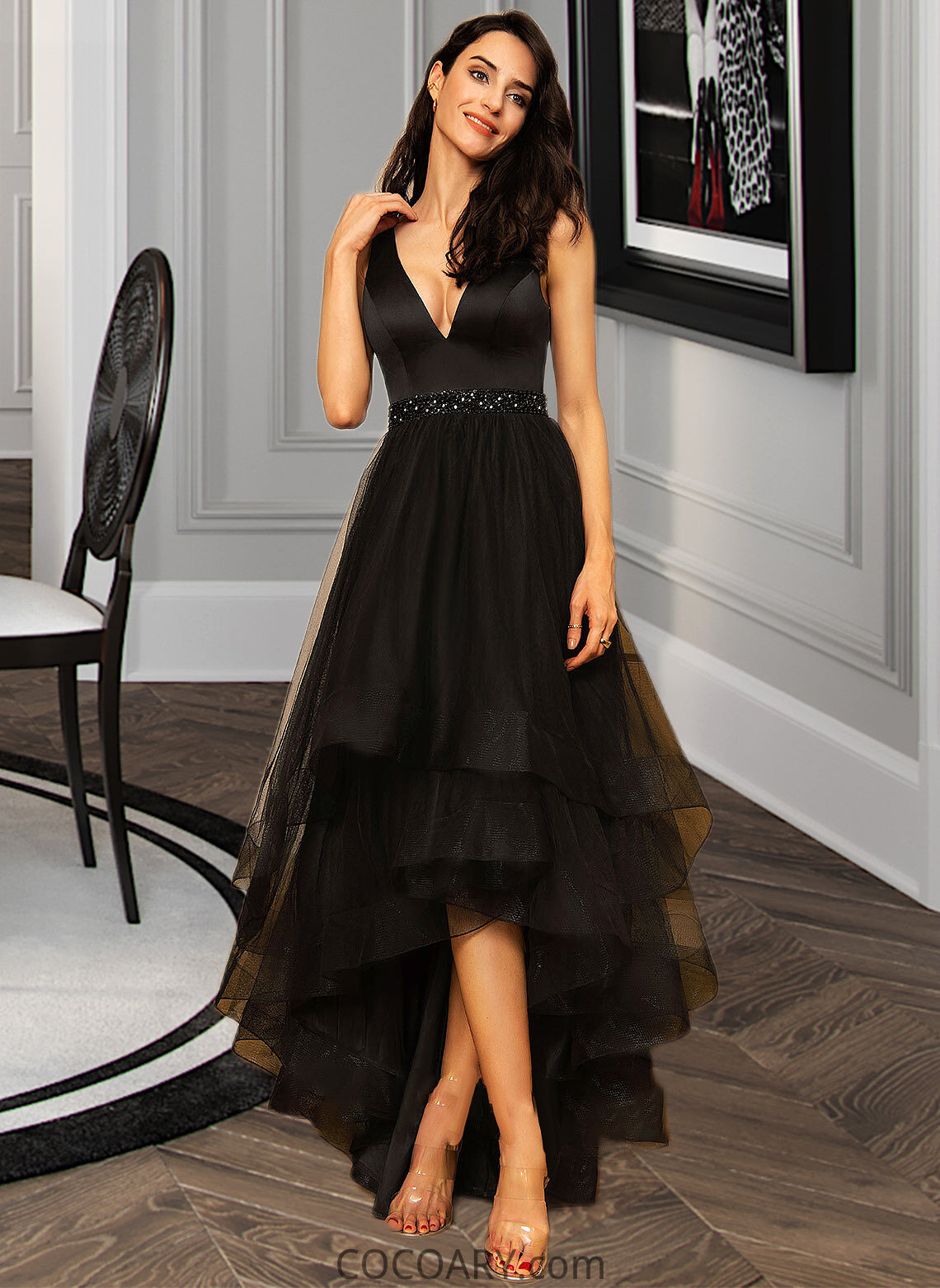 Lacey Ball-Gown/Princess V-neck Asymmetrical Tulle Bridesmaid Dress With Beading DA8P0013077