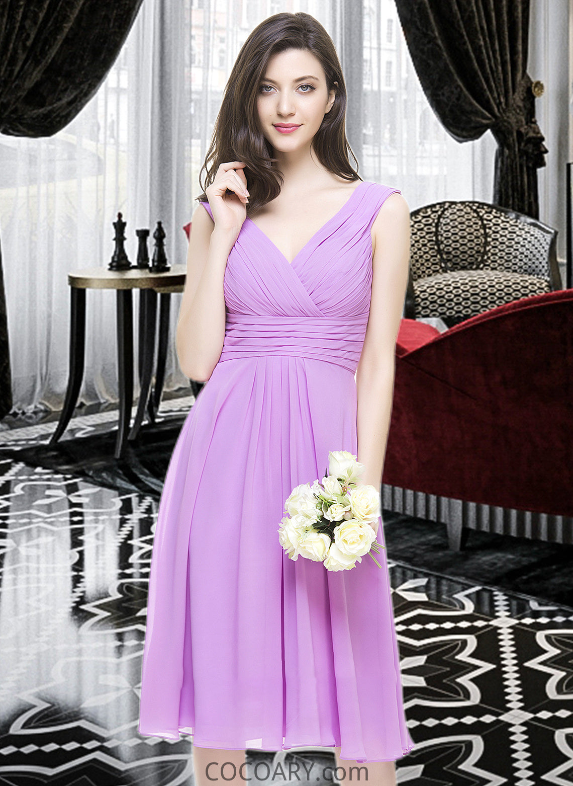 Paisley A-Line V-neck Knee-Length Chiffon Bridesmaid Dress With Ruffle DA8P0013081