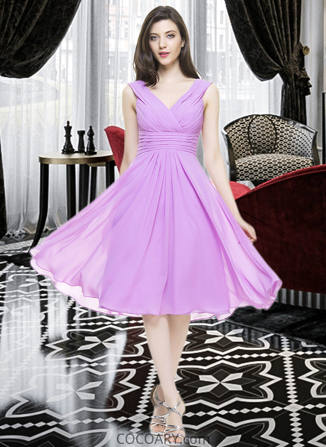 Paisley A-Line V-neck Knee-Length Chiffon Bridesmaid Dress With Ruffle DA8P0013081