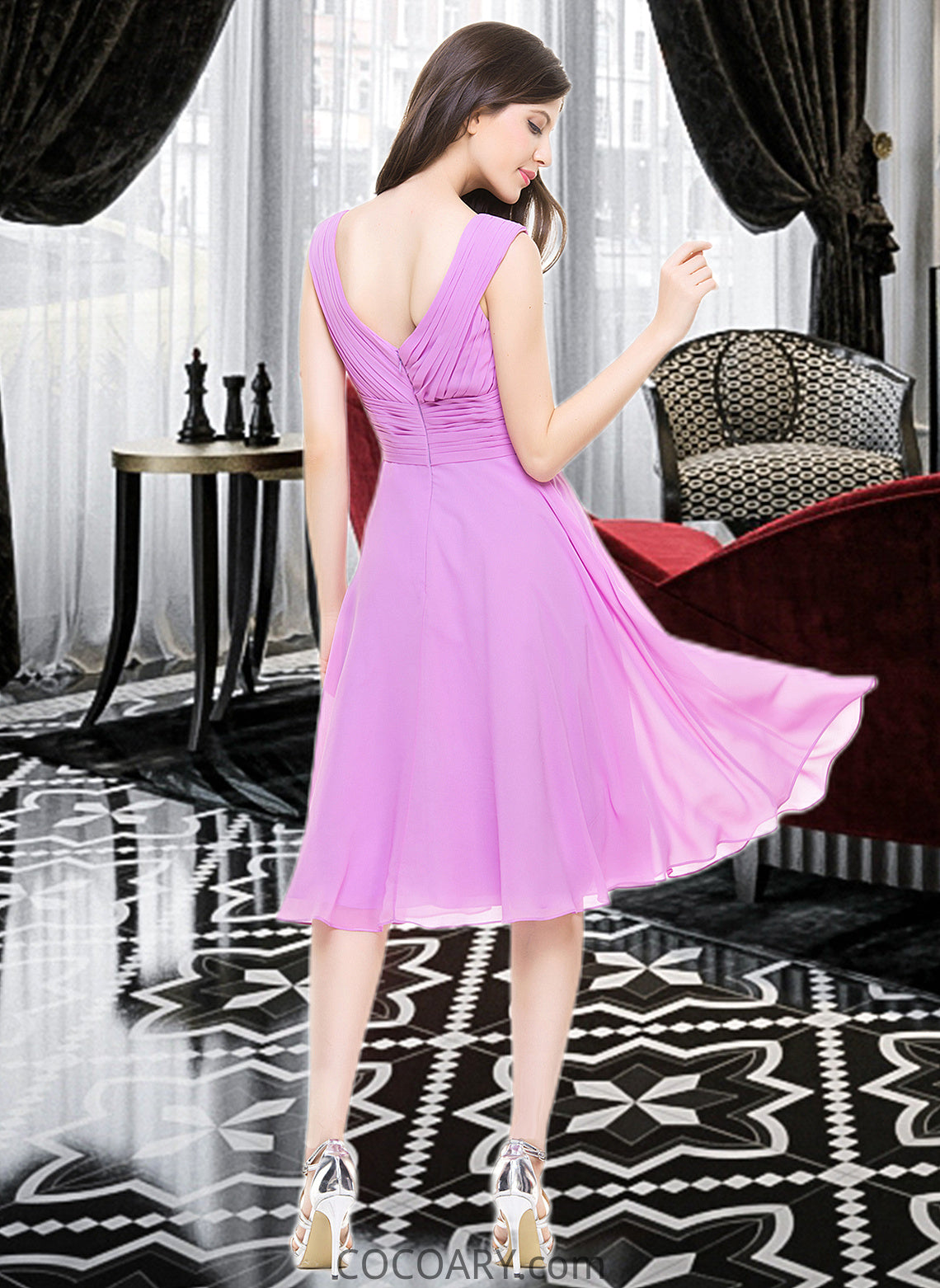 Paisley A-Line V-neck Knee-Length Chiffon Bridesmaid Dress With Ruffle DA8P0013081