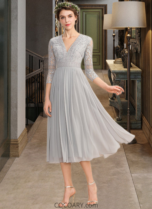 Dahlia A-Line V-neck Tea-Length Chiffon Lace Bridesmaid Dress With Pleated DA8P0013088