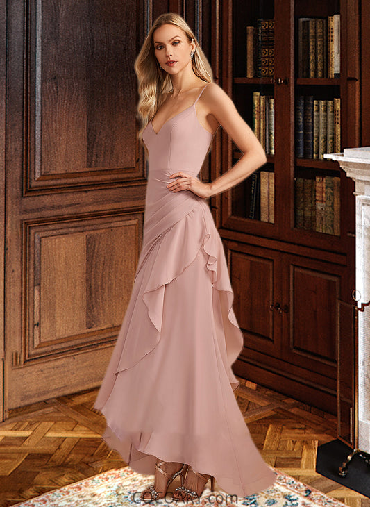 India Trumpet/Mermaid V-neck Asymmetrical Bridesmaid Dress With Ruffle DA8P0013094