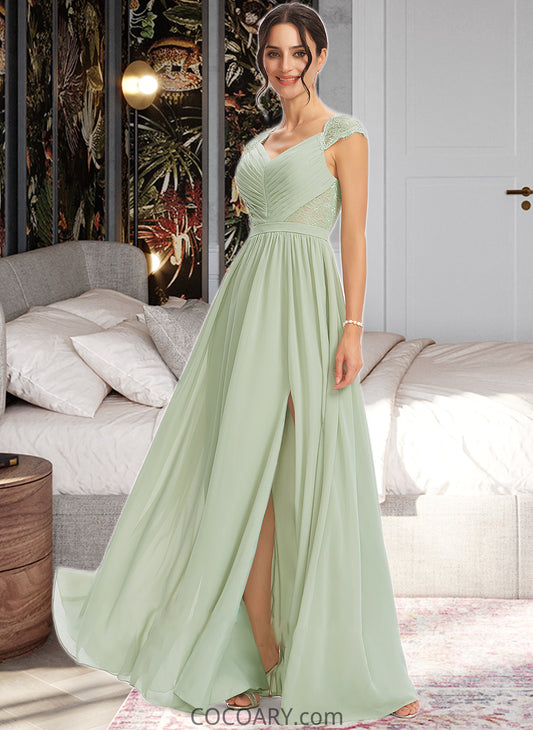 Selah A-Line V-neck Floor-Length Bridesmaid Dress With Lace Split Front DA8P0013096