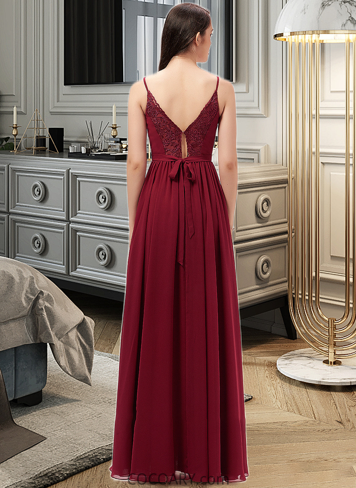 Jaylynn A-Line V-neck Floor-Length Chiffon Bridesmaid Dress With Ruffle Lace DA8P0013098