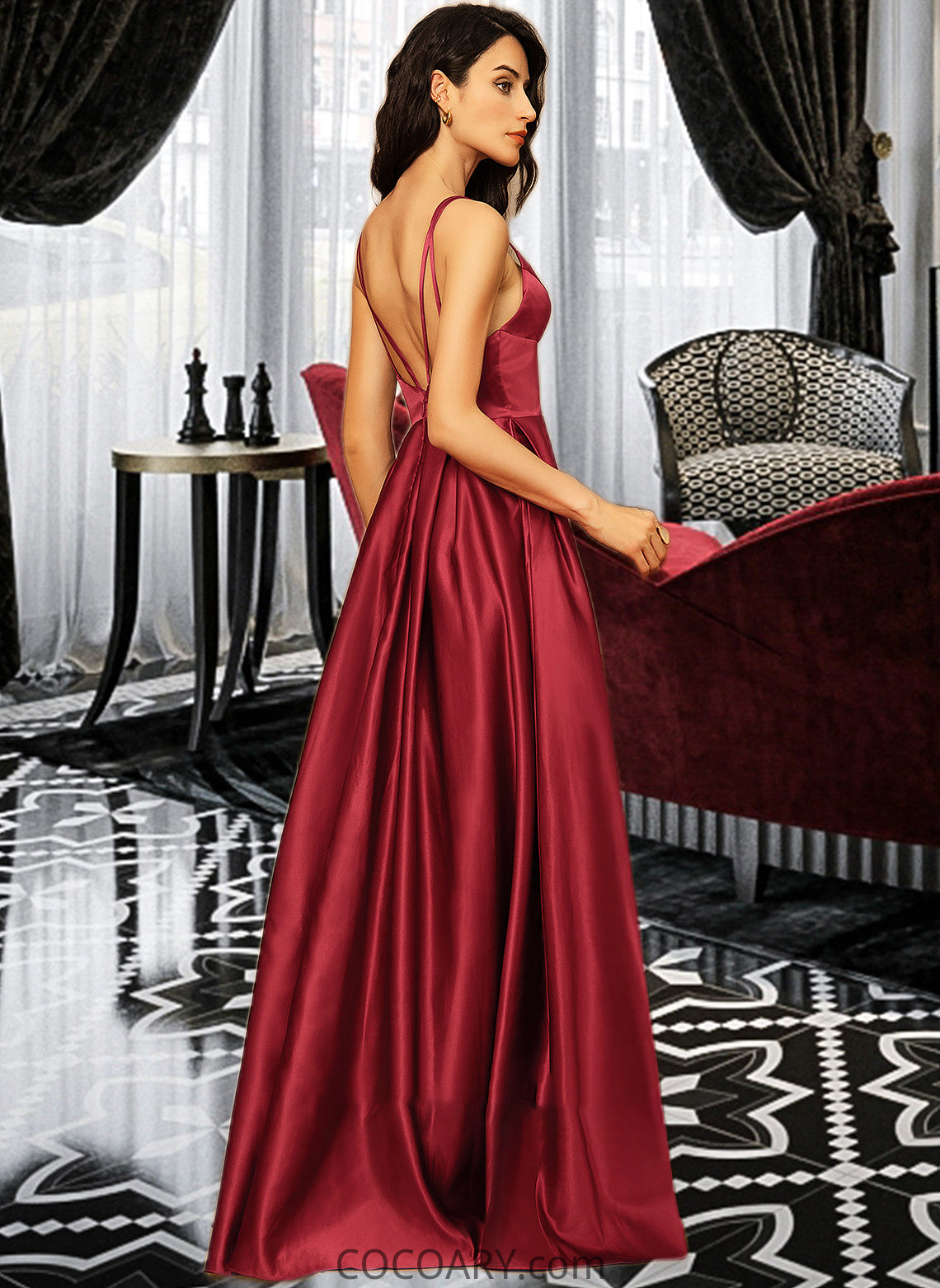 Kailey A-Line V-neck Floor-Length Satin Bridesmaid Dress With Split Front Pockets DA8P0013100