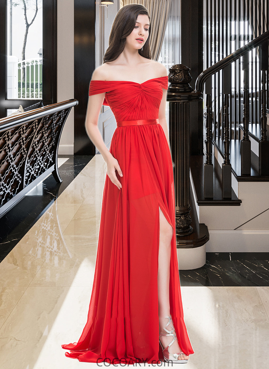 June A-Line Off-the-Shoulder Sweep Train Chiffon Bridesmaid Dress With Ruffle Split Front DA8P0013102