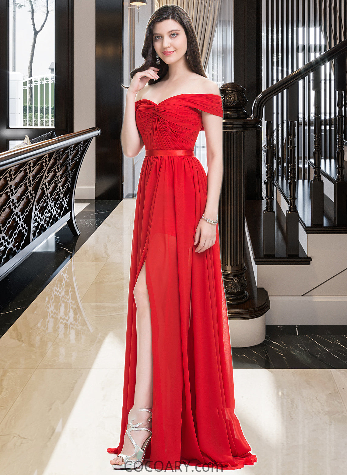 June A-Line Off-the-Shoulder Sweep Train Chiffon Bridesmaid Dress With Ruffle Split Front DA8P0013102