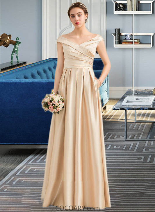 Rihanna A-Line Off-the-Shoulder Floor-Length Satin Bridesmaid Dress With Ruffle Pockets DA8P0013104