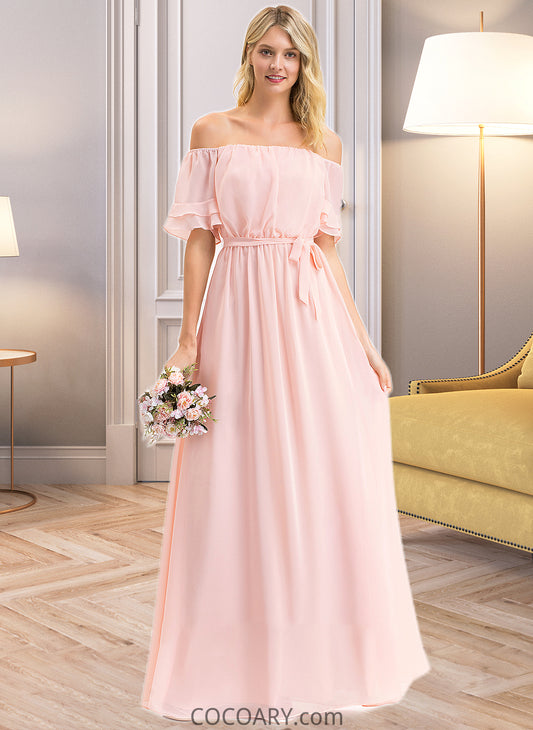 Melissa A-Line Off-the-Shoulder Floor-Length Chiffon Bridesmaid Dress With Bow(s) Cascading Ruffles DA8P0013121