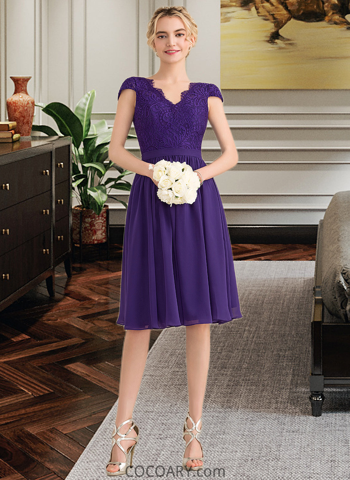 Sophie A-Line V-neck Knee-Length Chiffon Lace Bridesmaid Dress DA8P0013122