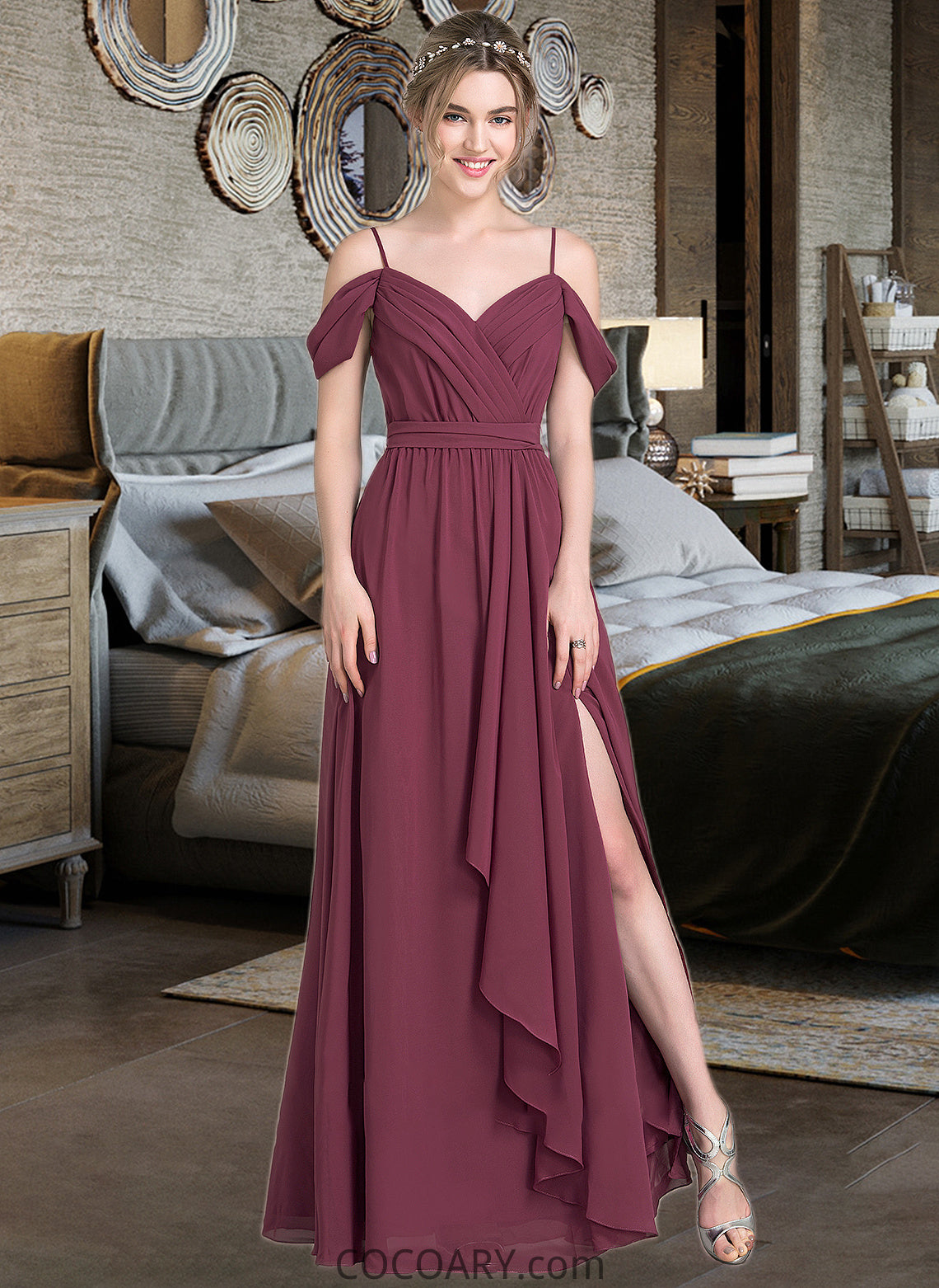 Miracle A-Line V-neck Floor-Length Chiffon Bridesmaid Dress With Bow(s) Split Front Cascading Ruffles DA8P0013123