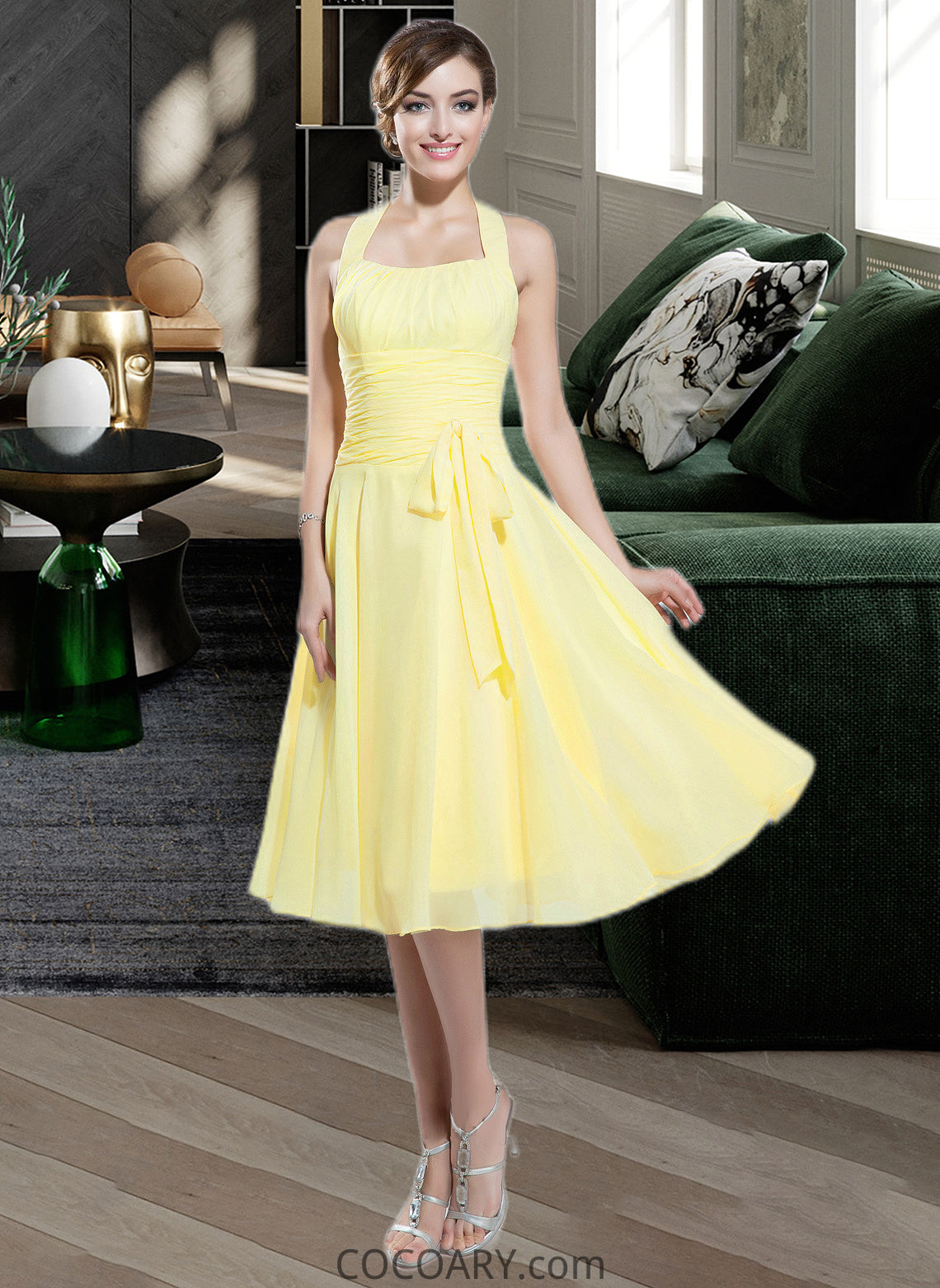 Madelyn Halter Empire Knee-length Chiffon Bridesmaid Dress With Ruffle Bow(s) DA8P0013124