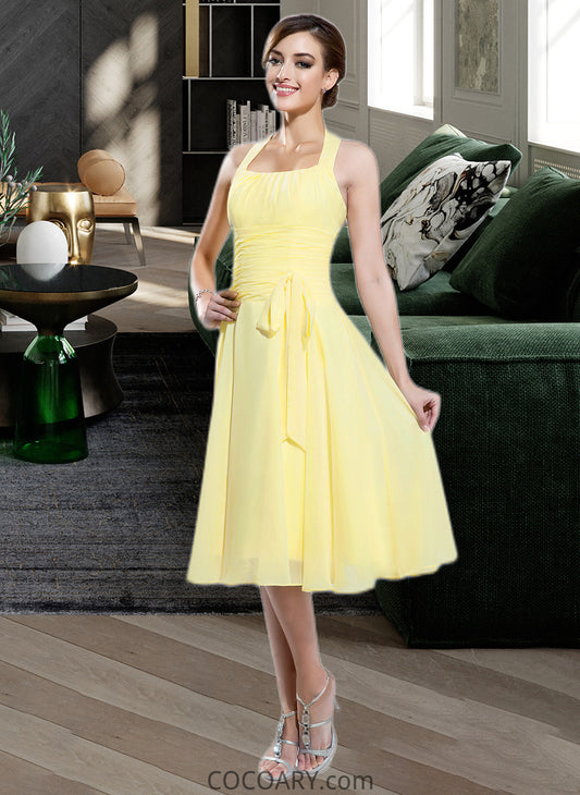 Madelyn Halter Empire Knee-length Chiffon Bridesmaid Dress With Ruffle Bow(s) DA8P0013124