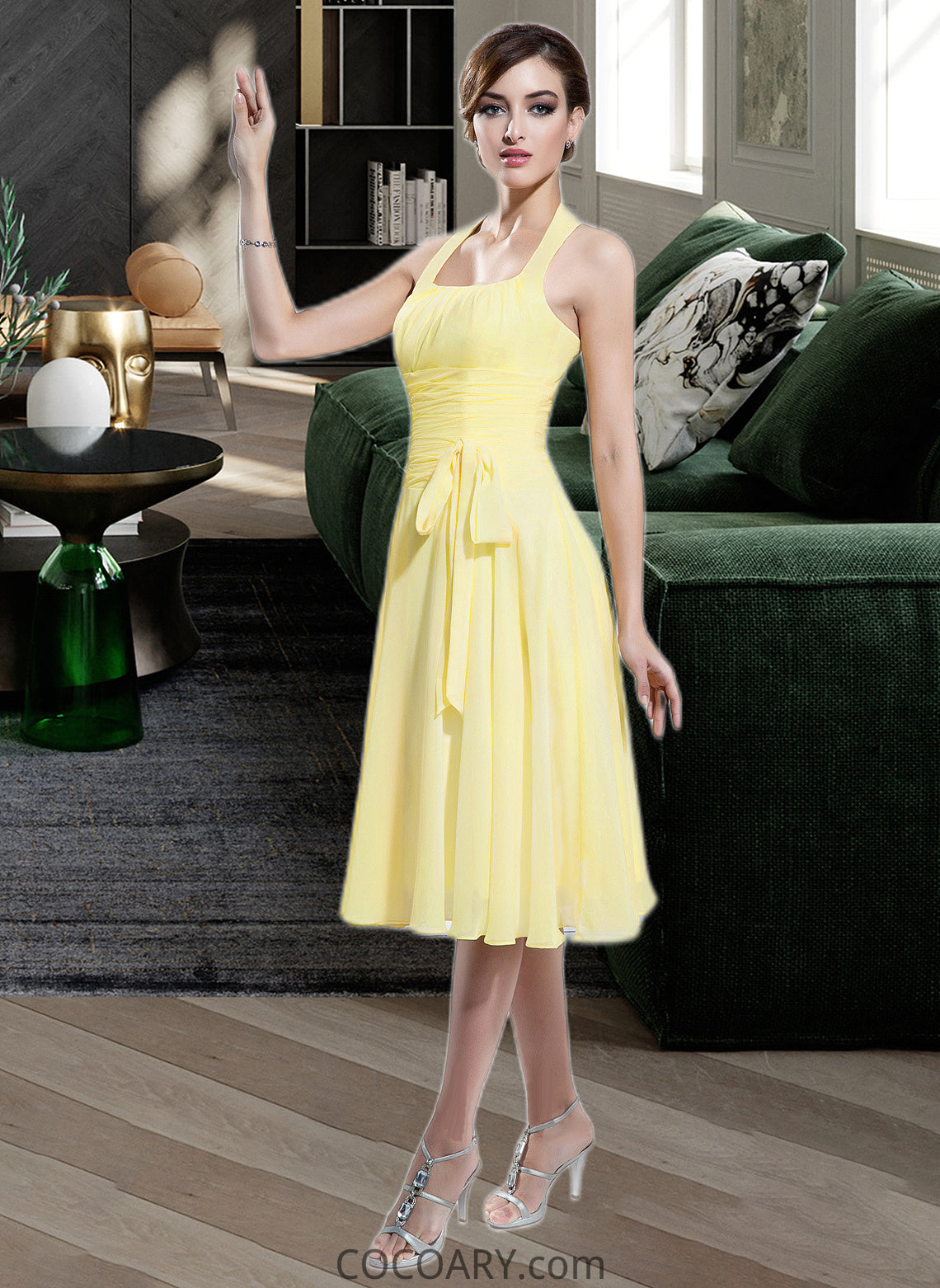 Madelyn Halter Empire Knee-length Chiffon Bridesmaid Dress With Ruffle Bow(s) DA8P0013124