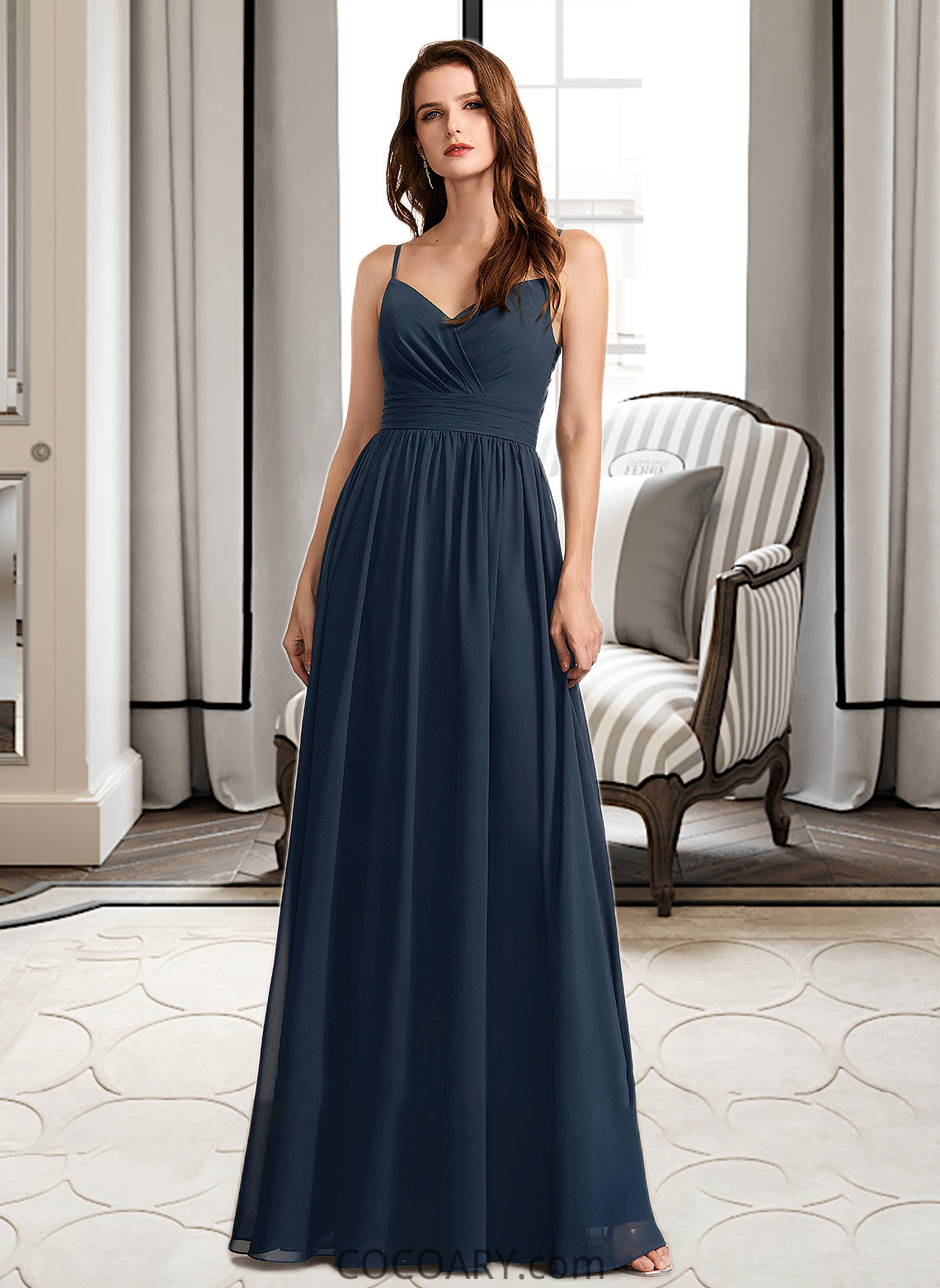 Ellie A-Line V-neck Floor-Length Bridesmaid Dress With Lace DA8P0013127