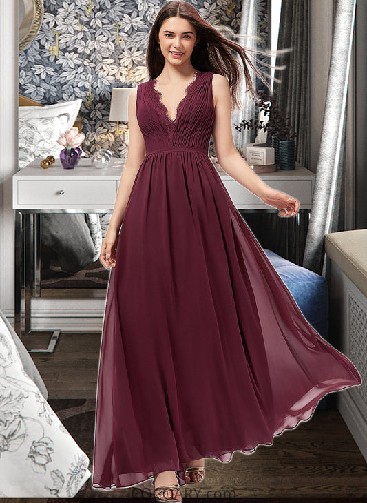 Melissa A-Line V-neck Floor-Length Chiffon Bridesmaid Dress With Ruffle Lace DA8P0013129