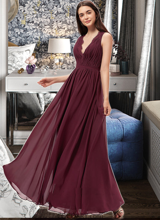 Melissa A-Line V-neck Floor-Length Chiffon Bridesmaid Dress With Ruffle Lace DA8P0013129