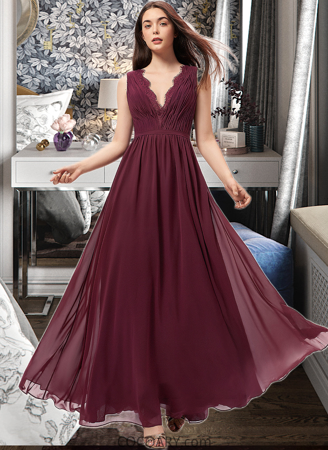 Melissa A-Line V-neck Floor-Length Chiffon Bridesmaid Dress With Ruffle Lace DA8P0013129