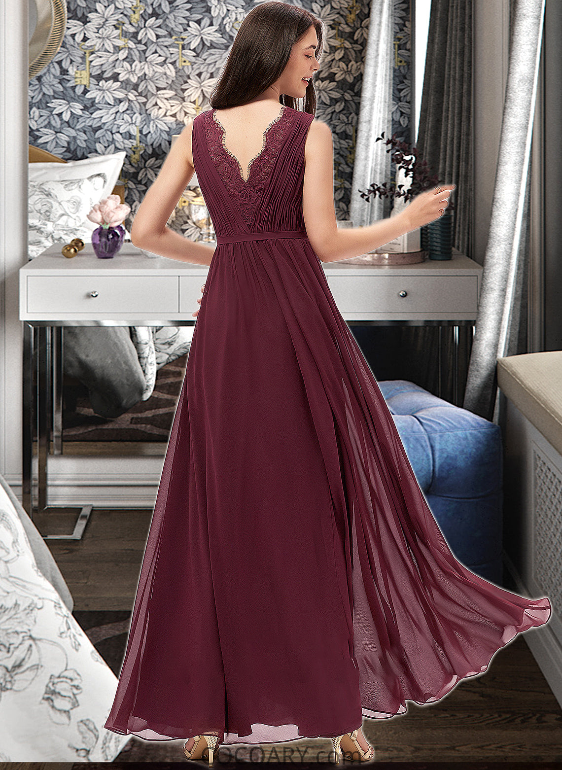 Melissa A-Line V-neck Floor-Length Chiffon Bridesmaid Dress With Ruffle Lace DA8P0013129