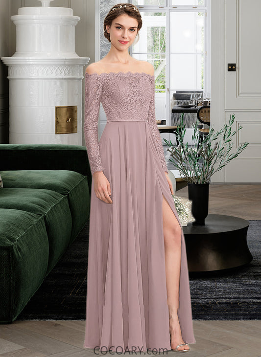 Nevaeh A-Line Off-the-Shoulder Floor-Length Chiffon Lace Bridesmaid Dress With Split Front DA8P0013131