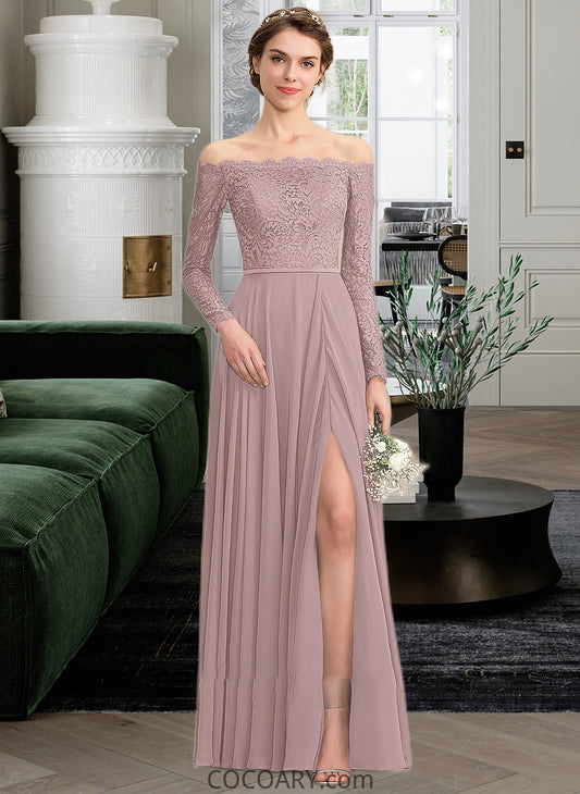 Nevaeh A-Line Off-the-Shoulder Floor-Length Chiffon Lace Bridesmaid Dress With Split Front DA8P0013131