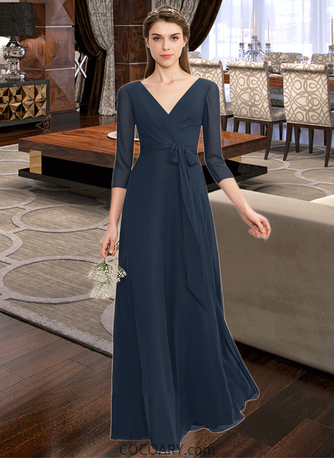 Lizbeth A-Line V-neck Floor-Length Chiffon Bridesmaid Dress With Ruffle Bow(s) DA8P0013132