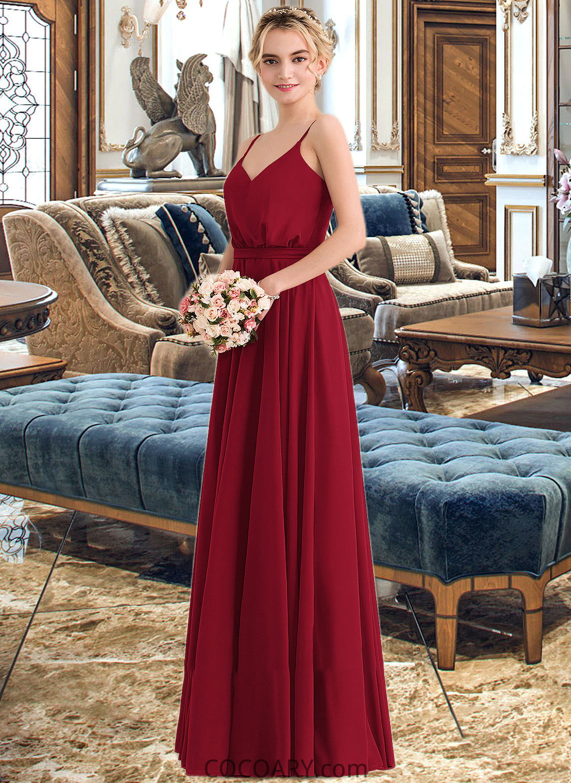 Susan A-Line V-neck Floor-Length Chiffon Bridesmaid Dress With Bow(s) DA8P0013135