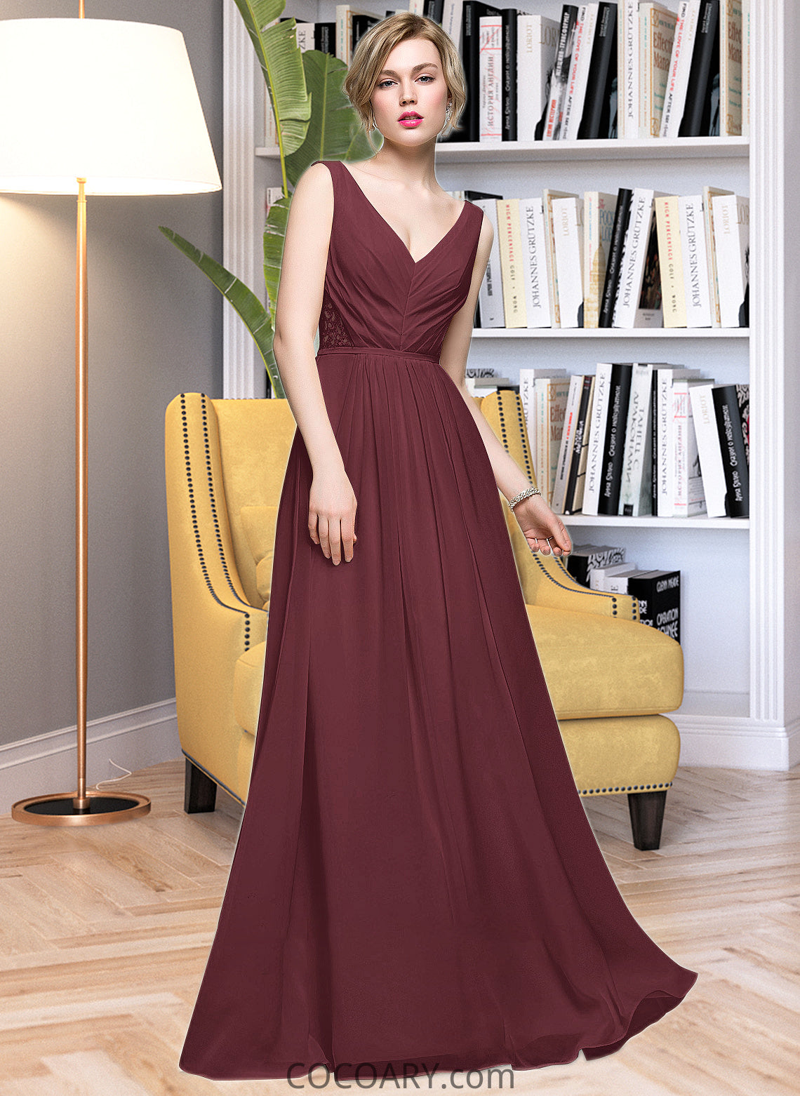 Jane A-Line V-neck Floor-Length Chiffon Bridesmaid Dress With Ruffle Lace Beading Sequins DA8P0013136