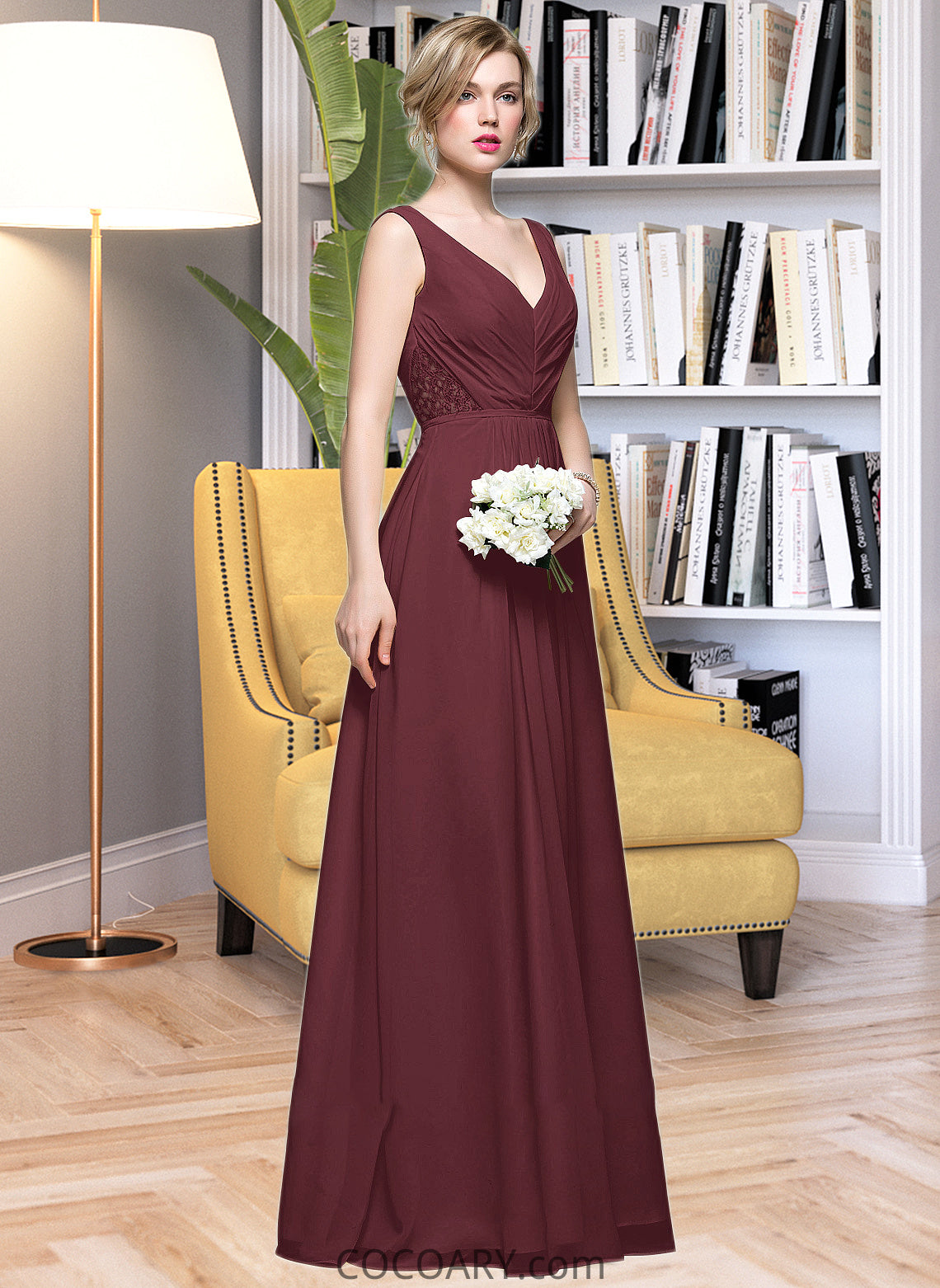 Jane A-Line V-neck Floor-Length Chiffon Bridesmaid Dress With Ruffle Lace Beading Sequins DA8P0013136