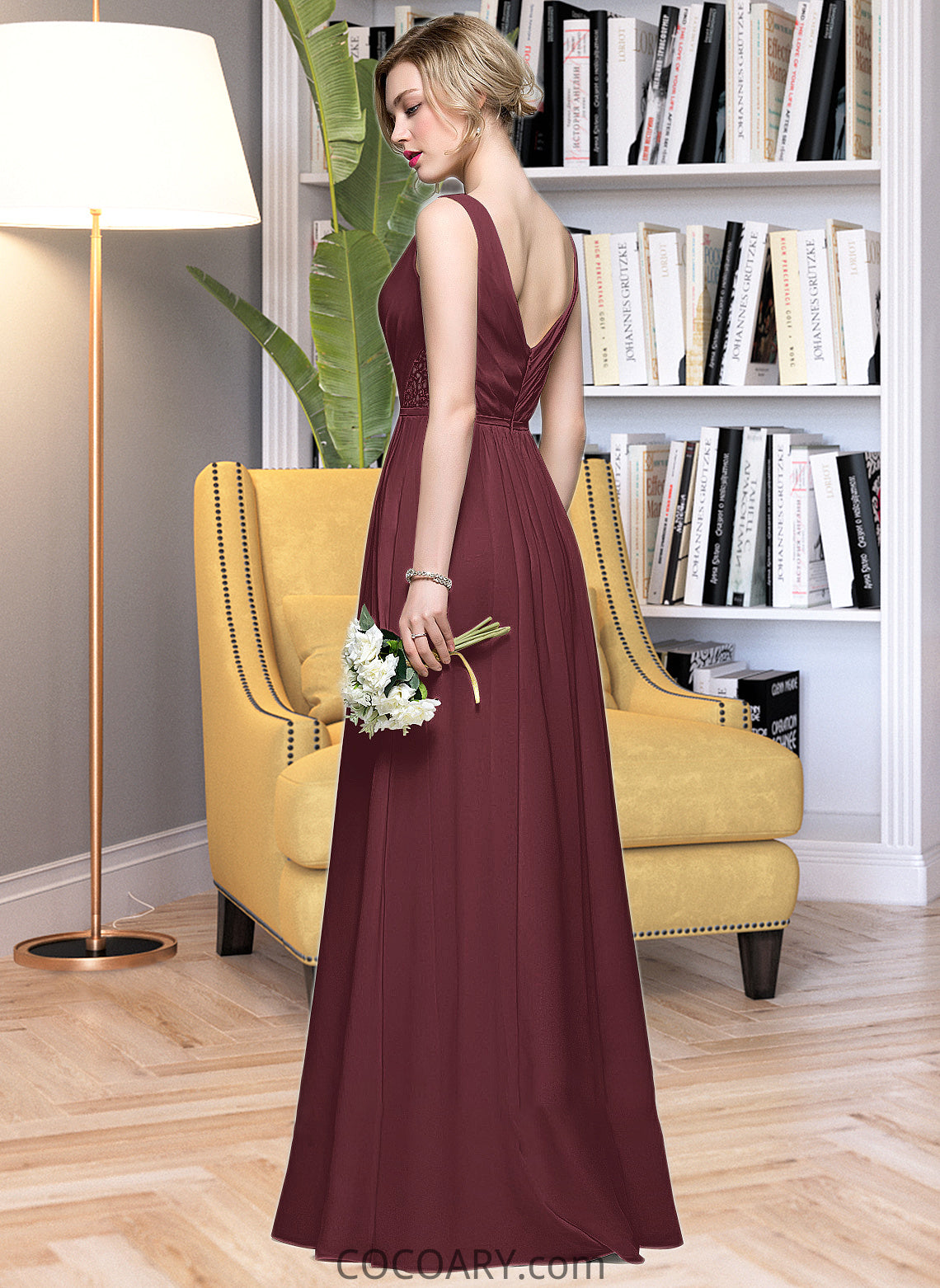 Jane A-Line V-neck Floor-Length Chiffon Bridesmaid Dress With Ruffle Lace Beading Sequins DA8P0013136