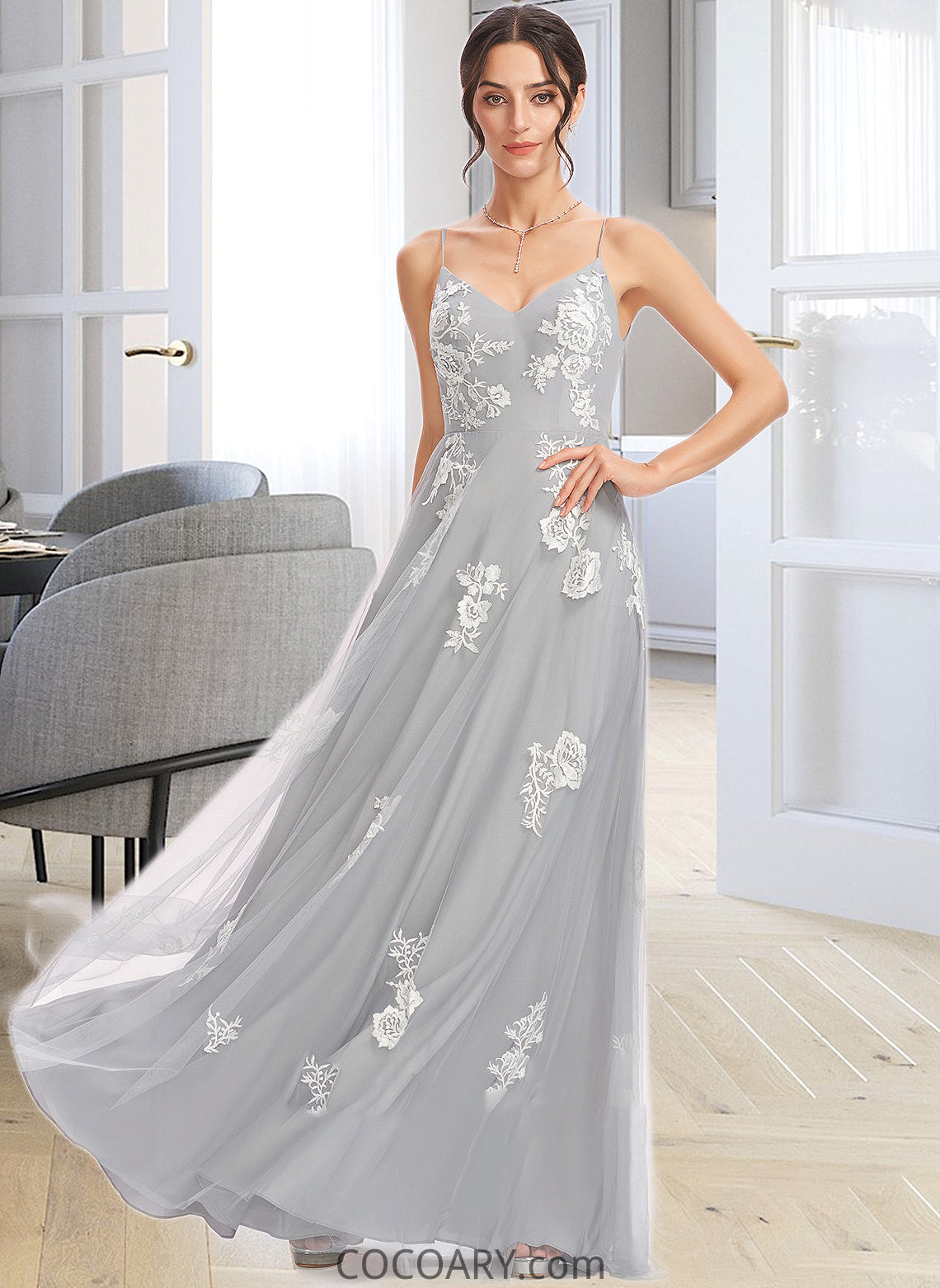 Katrina A-Line V-neck Floor-Length Bridesmaid Dress With Lace DA8P0013140