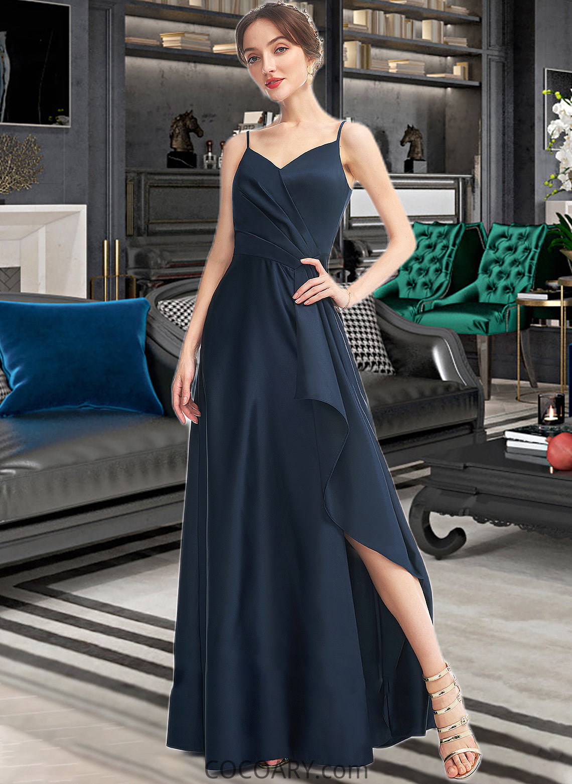 Everleigh A-Line V-neck Floor-Length Bridesmaid Dress With Split Front Pockets DA8P0013142