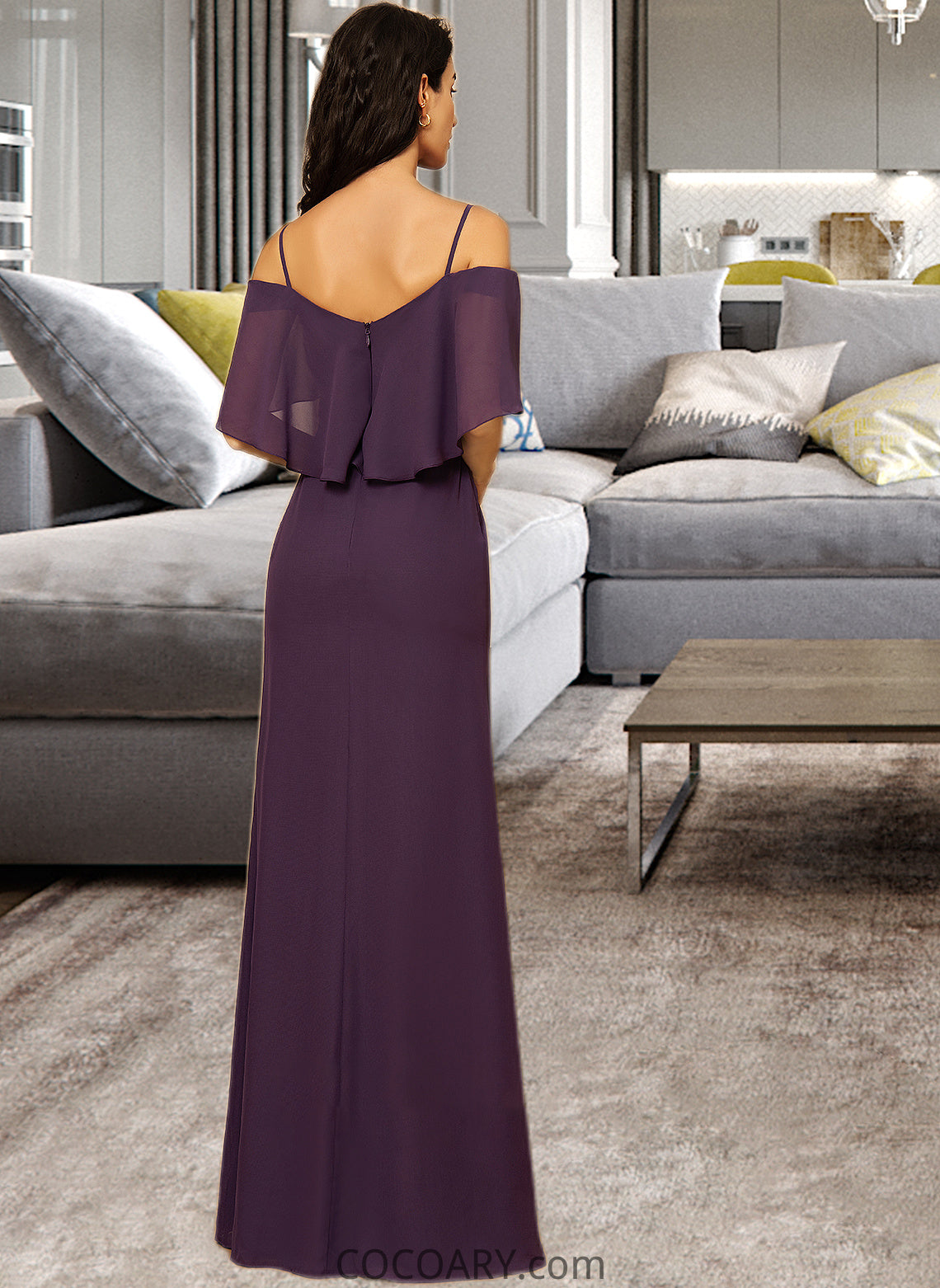 Ashly Sheath/Column Off-the-Shoulder Floor-Length Chiffon Bridesmaid Dress With Split Front DA8P0013144